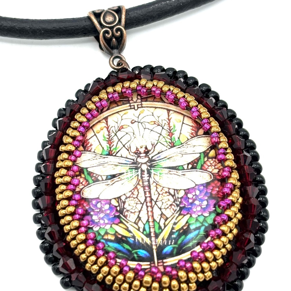 Hand Crafted Dragonfly Beaded Pendant Choker Necklace Magenta - Picture 10 of 14